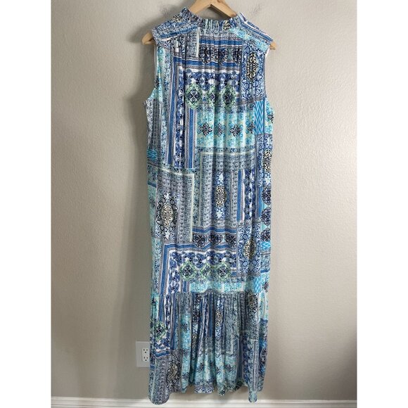 Chicos Womens Large Blue White Maxi Dress Sleeveless Boho Patchwork Tassel Tie - Picture 13 of 14